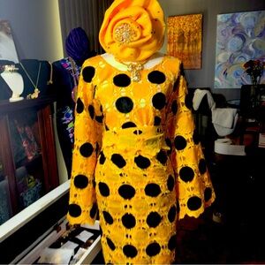 African Nigeria Iro and Buba Womens Lace Set Black & Yellow Gorgeous!